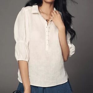 Anthropologie - Pilcro double-puff sleeve linen blouse M
